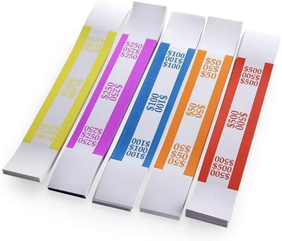 Pack of 250 Currency Band Bundles Self Sealing Currency Straps Bands Money Bill Wrappers (50 of Each - 250 Assorted) Secure Designs Organize Useful Association Adhesive