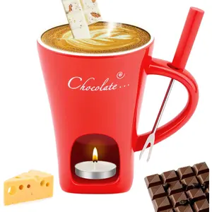 Fondue Mug with Forks Chocolate Melting Cup Ceramic Mini Tealight Pot for Coffee Cheese Candy Warmer Camping Date Movie Night Birthday Wedding Desserts (Red)