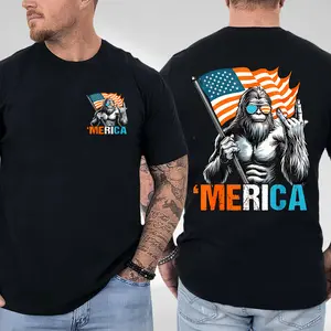 Bigfoot America T-Shirt, Funny Patriotic Tee Featuring Sasquatch Holding Flag & Throwing a Hand Gesture, Lighthearted American Pride Shirt, Men's T-shirt