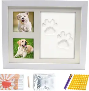 Pet Paw Print Keepsake Kit, Wooden Photo Frame with Pet Paw Print Imprint Kit, Premium Wooden Dog Memorial Picture Frame, Memorial Clay Imprint Kit for Dog or Cat