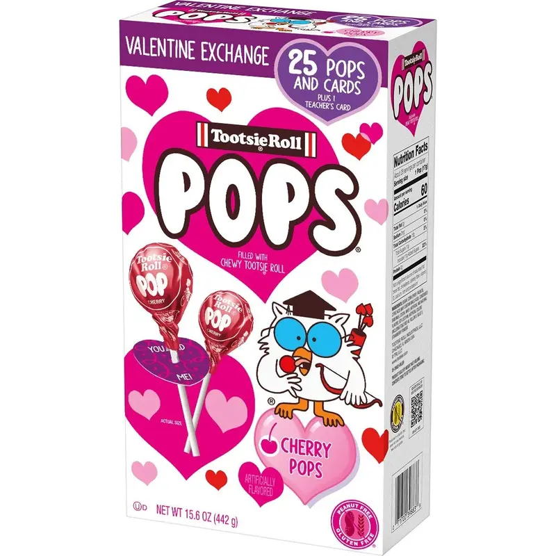 Tootsie Pop Valentine Exchange Kit – 25 Cherry Lollipops with Friendship & Teacher Cards, Fun Classroom & Party Favors, 15.6oz Box