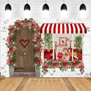 Photography Background Valentine's Day Red Rose Floral Decor Wooden Door Romantic Atmosphere Proposal Wedding Photo Studio Backdrop