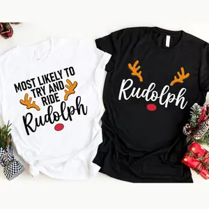 Made in USA Funny Rudolph Christmas Couple Shirts, 100% Cotton Matching Christmas T-shirt, festive holiday tee for wife and husband, cute his & hers Xmas outfits perfect for holiday season style