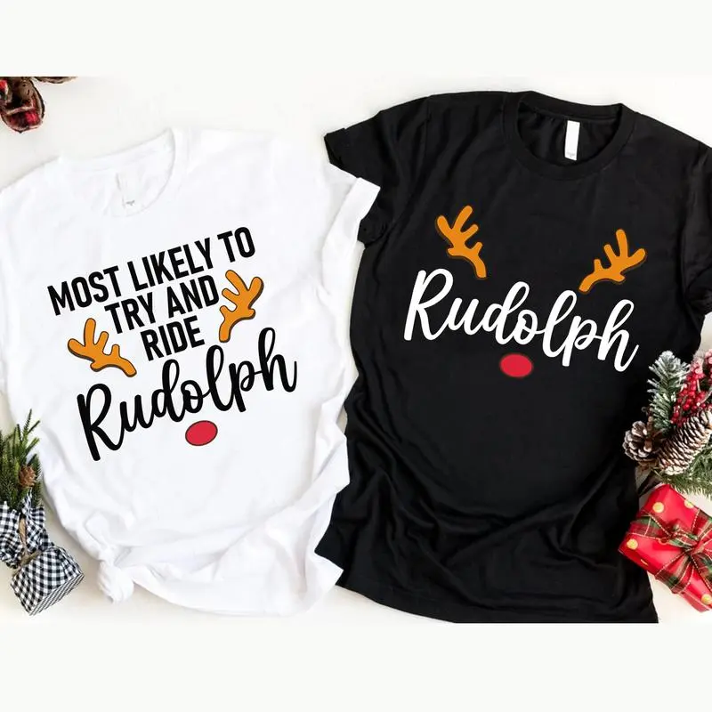 Made in USA Funny Rudolph Christmas Couple Shirts, 100% Cotton Matching Christmas T-shirt, festive holiday tee for wife and husband, cute his & hers Xmas outfits perfect for holiday season style