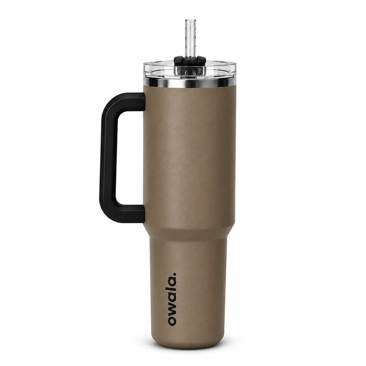 [Fast Ship] - Owala 40oz Earth Brown Tumbler with Black Handle & Straw, Neutral Taupe Insulated Travel Cup