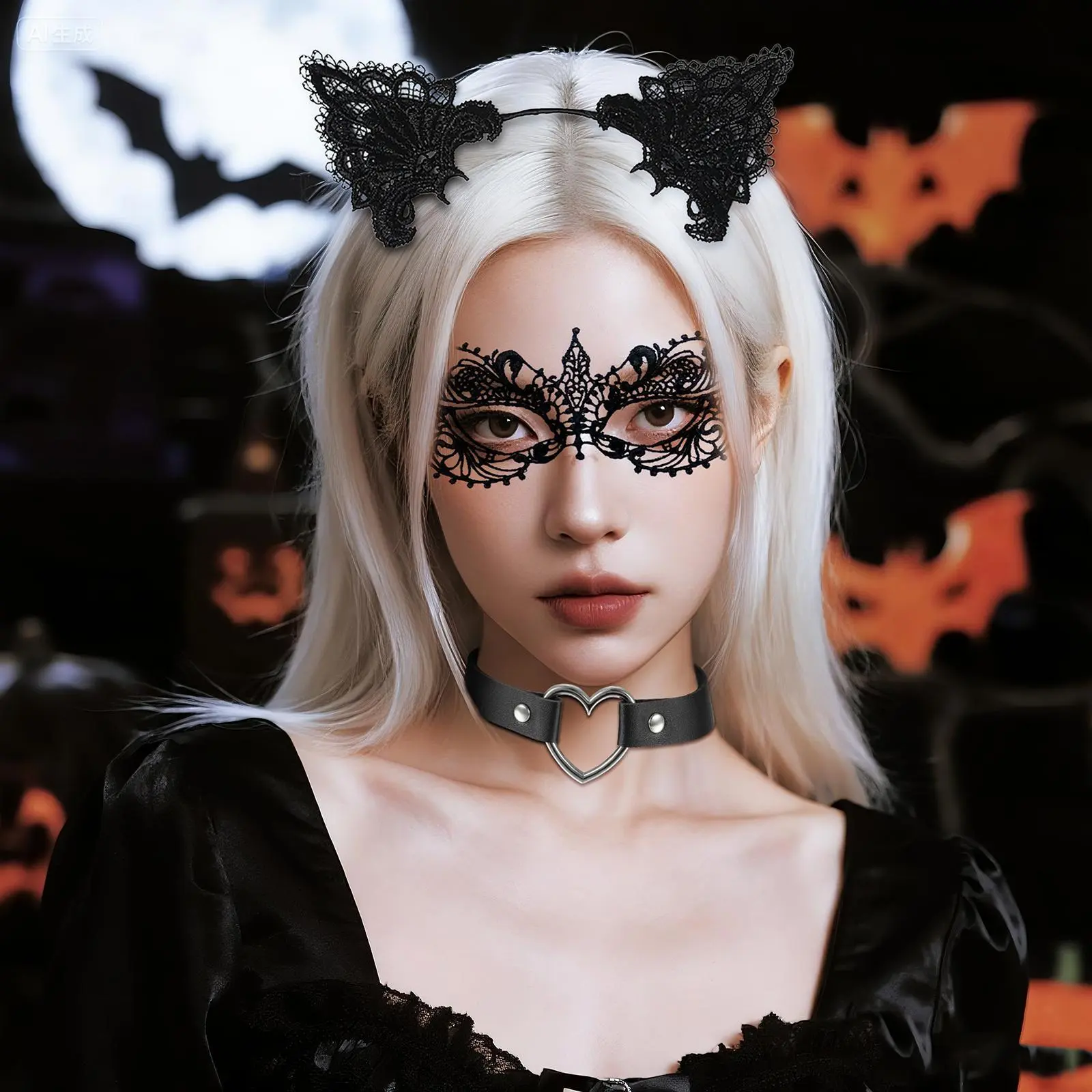 OIDEA Women's 5-Piece Catwoman Costume Accessories Set - Adjustable Comfortable Elastic Fabric, Lacy Halloween Cosplay Mask, Cat Ears Headband, Gloves, Bendable Tail, Spiderweb Choker, Heart & Ribbons for Halloween Ideas Cosplay Wear
