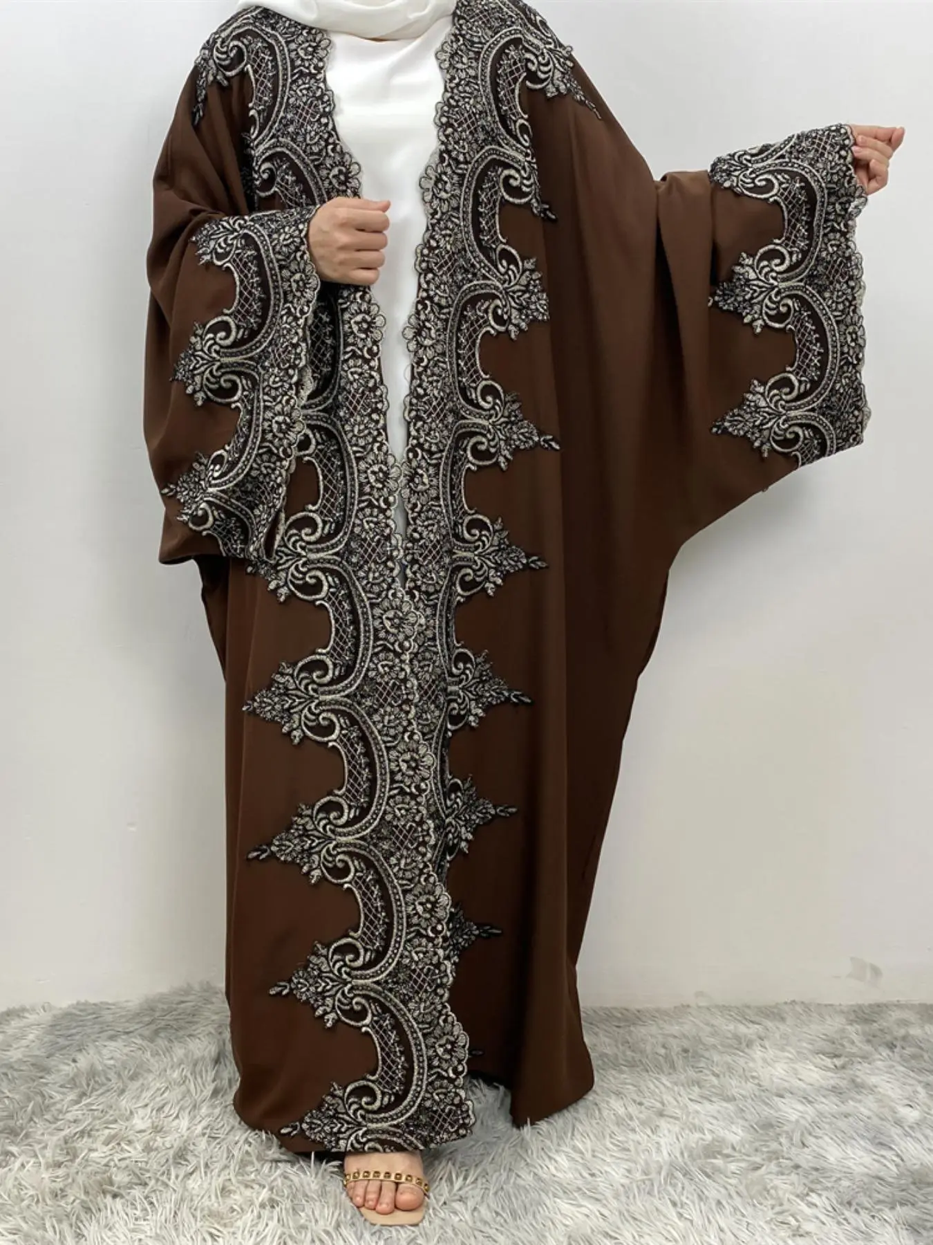 Women's Floral Embroidery Batwing Sleeve Abaya, Modest Long Sleeve Open Front Abaya for Daily Wear, Women's Islamic Clothing for Spring & Fall, Modesty Abaya, Muslim Clothing, Islamic Modesty Clothes