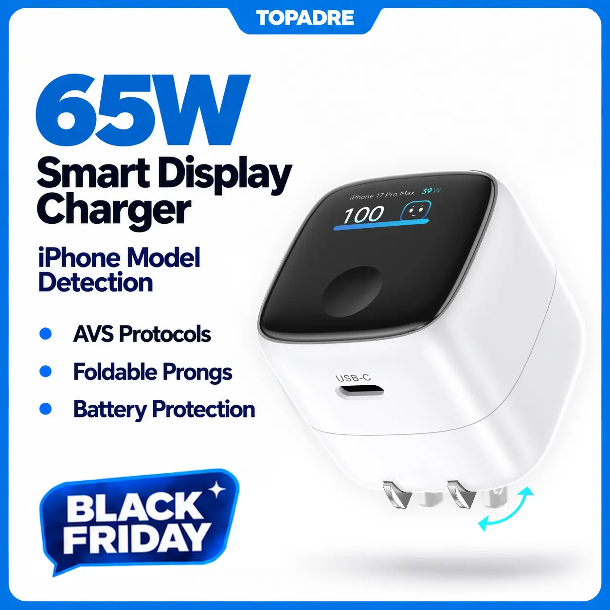 TOPADRE 65W Super Rapid Charging USB-C USB Wall Charger (Single Unit) - LED Display, Foldable Plug, Device Detect, Temperature Control, Safe Compact Power Block, Phone Charger for iPhone 18/17/16/15 Series, MacBooks/iPads, Multi-Device Charging Solutions,