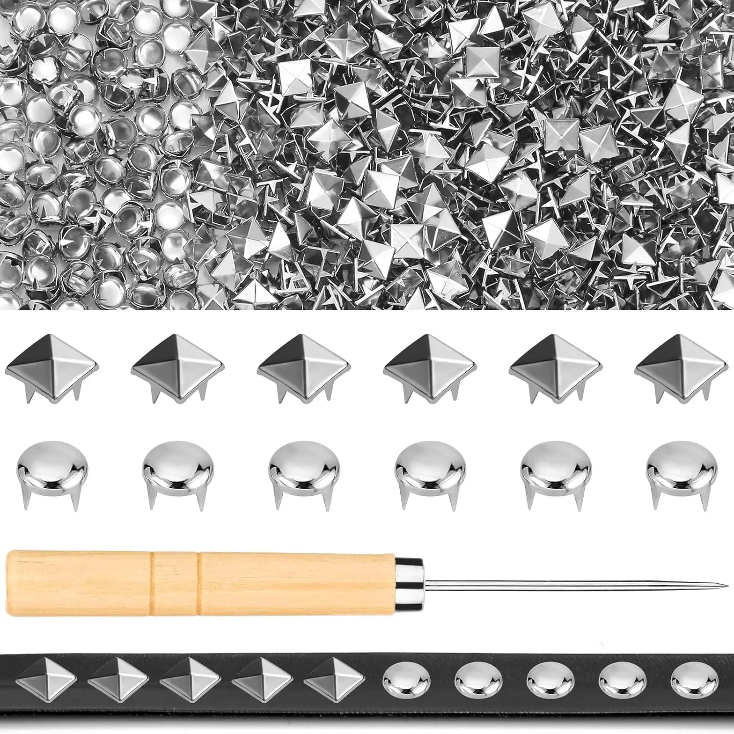 1250PCS Comprehensive Metal Studs Sewing Kit - 10mm Square Pyramid & Round Dome Studs, Leather Rivets with Awl for Clothing, Jackets/Belts