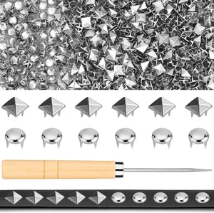 1250PCS Comprehensive Metal Studs Sewing Kit - 10mm Square Pyramid & Round Dome Studs, Leather Rivets with Awl for Clothing, Jackets/Belts