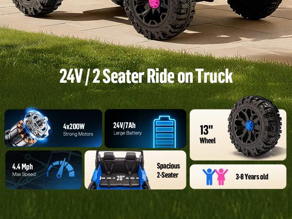Outfunny 24V 4WD Electric Ride on Car for Kids, 2 Seater Ride on Toy Truck w/Remote, 4x200W Motors, Bluetooth