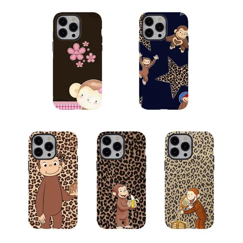 [No Magnetic]  Curious George monkey Leopard Print phone Case,Retro Aesthetic Tough phone Cover,Durable Dual-Layer design phone case,for iPhone 17 16 15 14 13 12 11 8 7 for Samsung For Galaxy Series,Shockproof Protective hard Cover,perfect gift for her