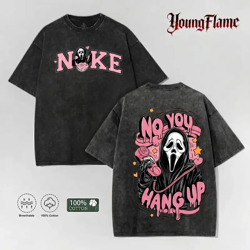 Lirae Vintage Acid Wash No You Hang Up Graphic Tee Creepy Cute Ghost Oversized 100 Cotton Y2K Parody Streetwear Short Sleeved T Shirt Men Cotton Tees Top Vintage Menswear Loose Fit Summer Casual Shirt
