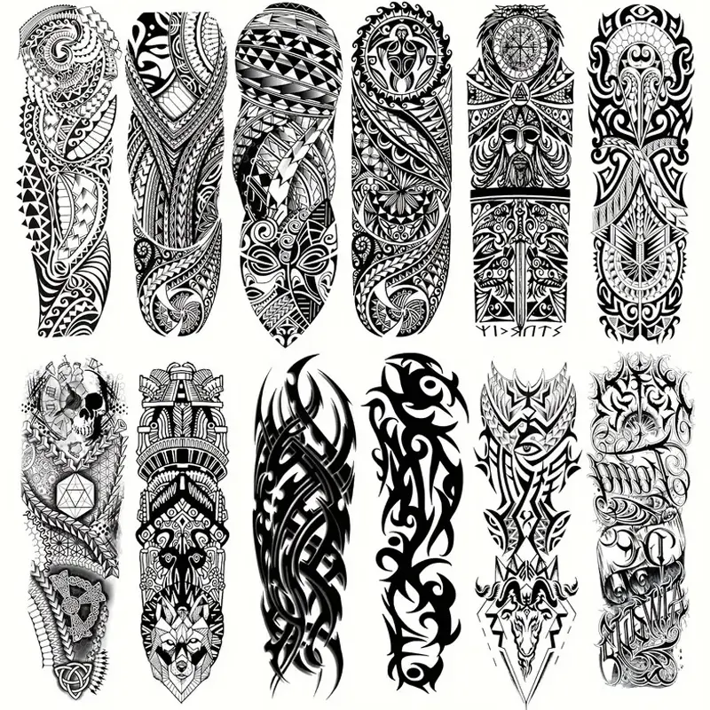 12 Tribal Totem Temporary Tattoo Stickers Set, Waterproof Temporary Tattoos, Ephemeral Tattoos, Full Arm Fake Tattoos for Adults, Unique Body Art Accessories for Men & Women