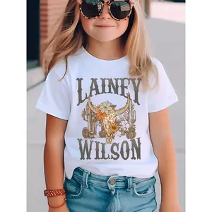 Summer Fashion Girls' Short Sleeve T-Shirt LAINEY WILSON Cow Head Cactus Cartoon Print Casual Top