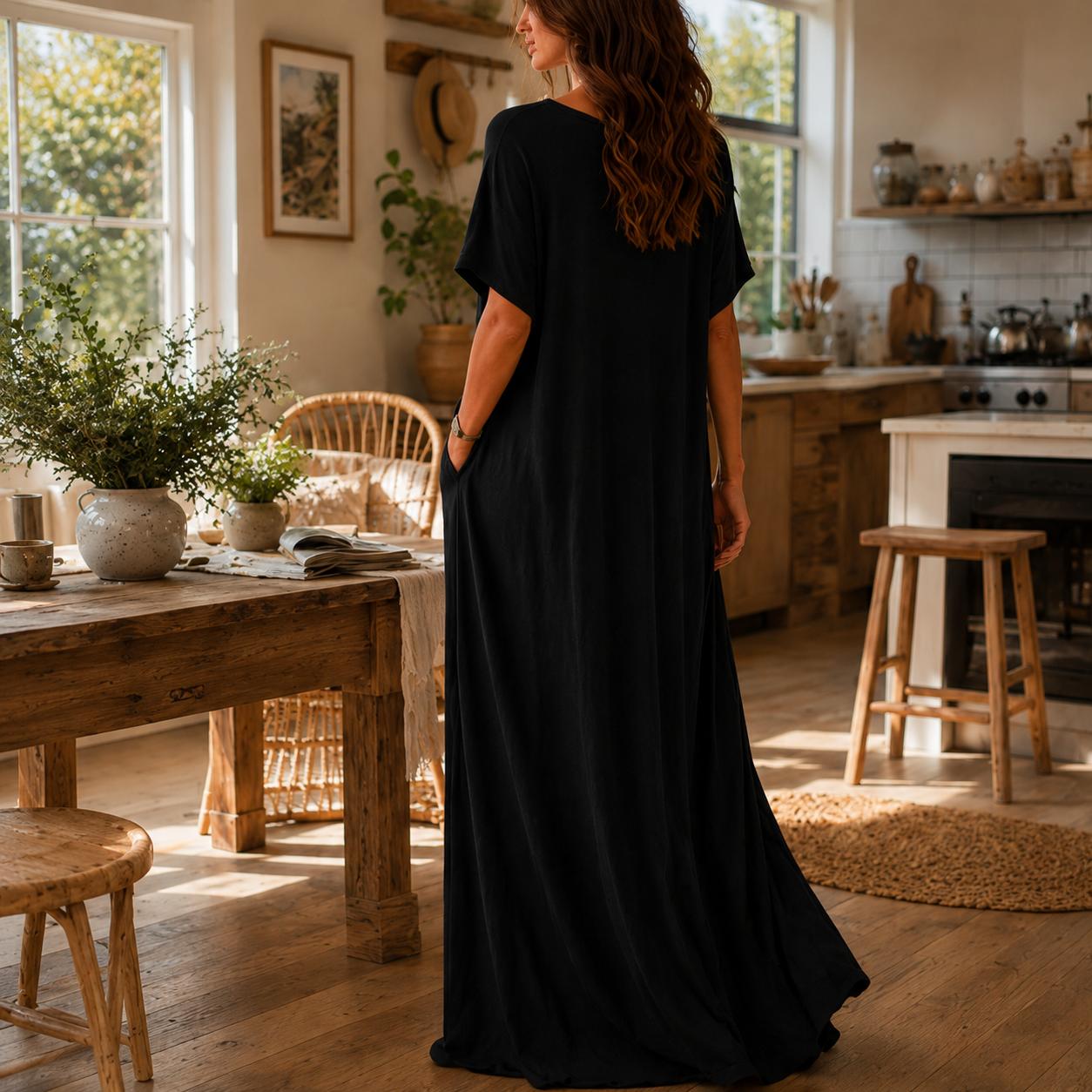 Women’s Oversized Batwing Sleeve Lounge Dress Soft Comfy Loose Fit Maxi Nightdress Casual Short Sleeve Sleepwear with Pockets Breathable Loungewear for Home Daily Wear Vacation Womenswear