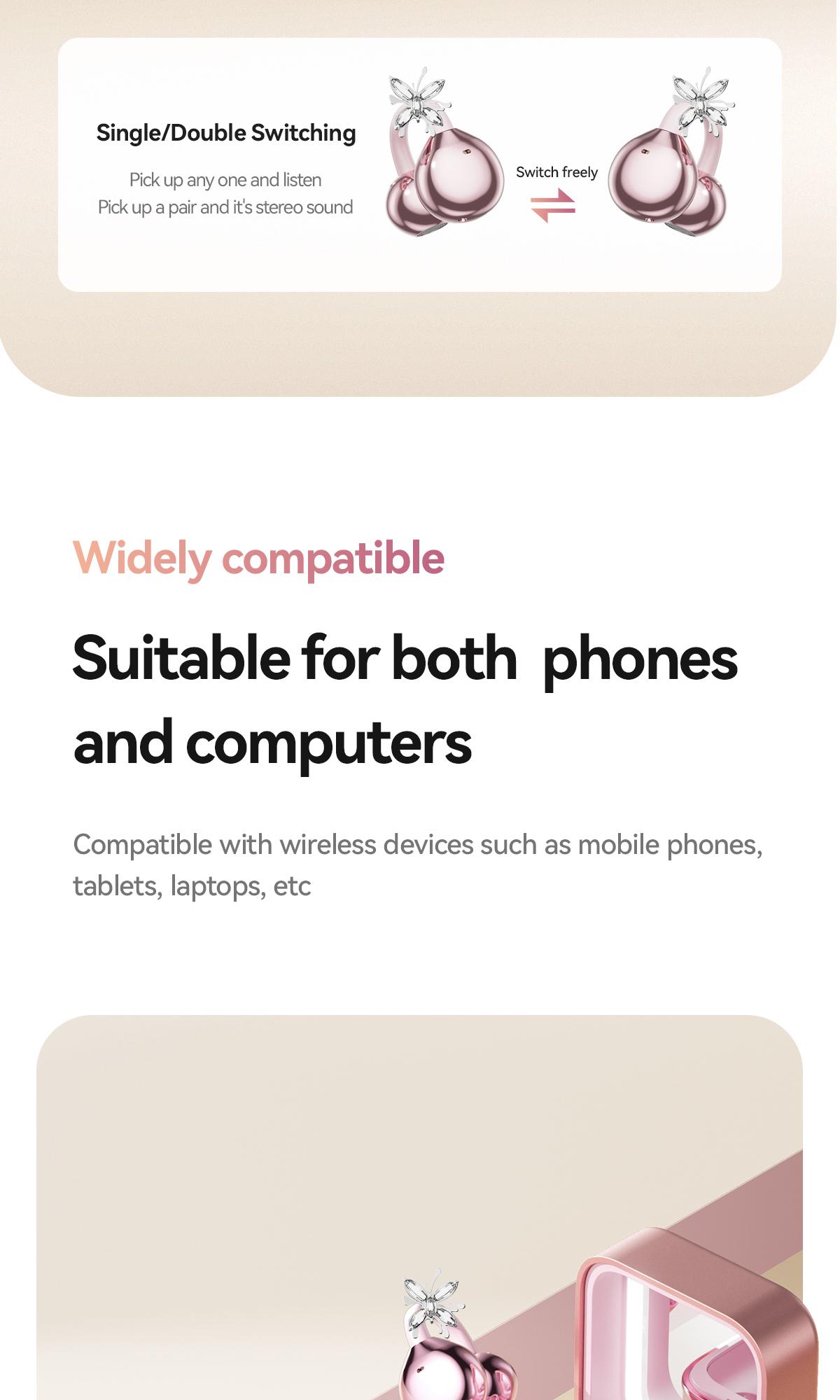 Chengruida M161 ,Butterfly earrings ,Portable Beauty Tool Clip-On Headphones, Fashion Earring Style Open Ear Wireless Earbuds with Panoramic Surround Sound