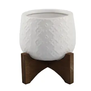 4.75" Mini White Ceramic Planter with Wooden Stand Matte Finish 37.5 oz Capacity 4.75 x 4.75 x 4.5 Inches Rustic Flowerpot