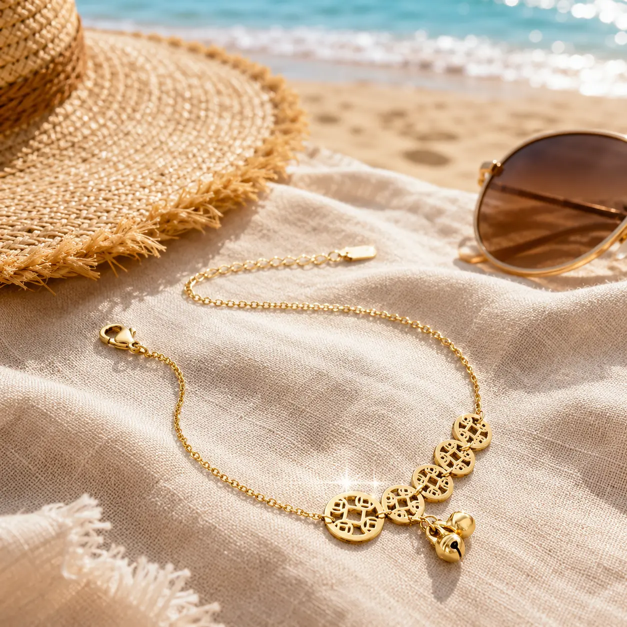 Stainless Steel Coin Anklet for Women, Adjustable Gold Boho Ankle Bracelet with Bell Charm, Summer Beach Jewelry, Anklets For Women, Lightweight, Female, Daily, Adjustable Extender Chain, Coin Charms, Gold Tone