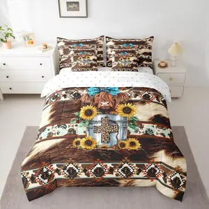 Highland Cow Comforter Set with Sheets Cowhide Cow Print Vintage Animal Retro Fur 7 Pieces Bedding Set Boho Rustic Farmhouse Style Bed in a Bag Exotic Geometric Room Decor Western Aztec
