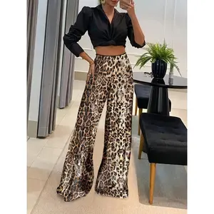 Leopard Print Sequined Wide-Leg Pants for Women - Stretch Polyester Blend, Machine Washable - Perfect for Spring/Fall Parties Can be worn with a raincoat