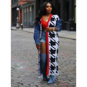 Women's Houndstooth Patchwork? PrintDropShoulder Longline Cardigan, Casual Long-Sleeve Open-Front Knitwear for Fall & Winter, Fashion Women’s Knit Clothing for Daily Wear, Sweaters for Women