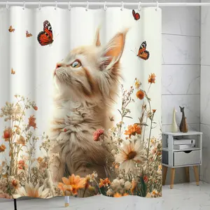3D Cute Cat Dog Shower Curtain Set – Waterproof Fabric Bathroom Curtain with 12 Rustproof Hooks, Machine Washable Thick Polyester Shower Curtains for Bathroom, Fast Drying Colorful Pet Decor, 72x72 Inches