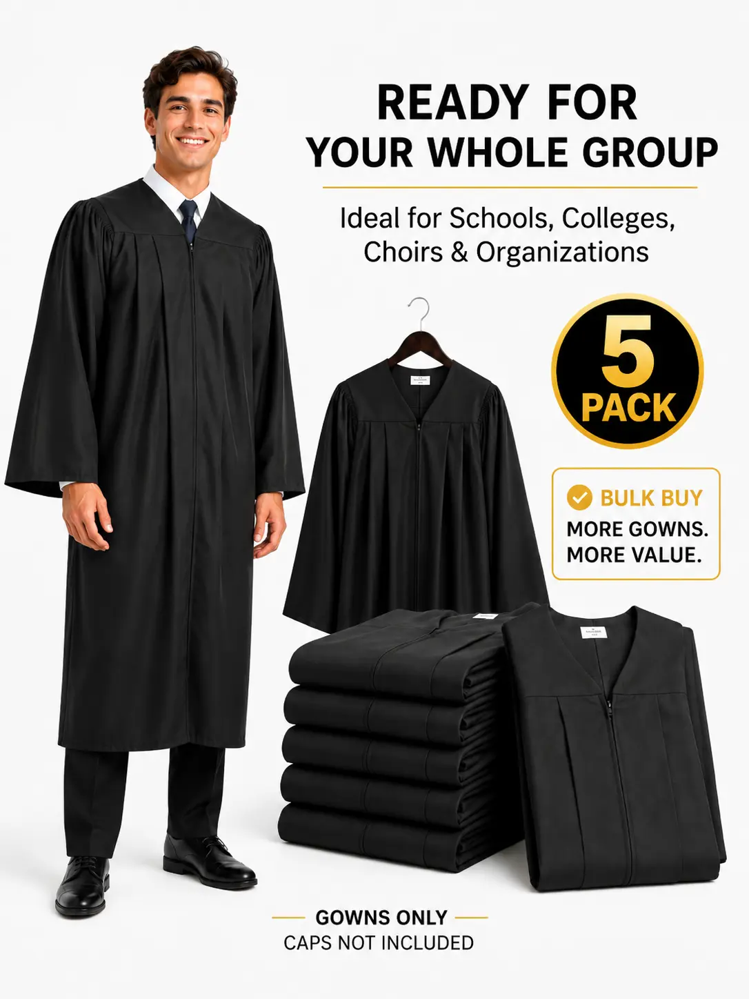 5-Pack Unisex Adult Matte Graduation Gowns Only, Black or White Zip-Front Academic Robes, Choir Robes & Judge Robes for Class of 2026 High School College University Commencement, Church Ceremony and Costume, Caps Not Included
