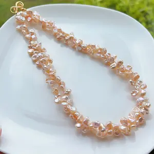 Piswency Natural Keshi Freshwater Pearl Necklace, Twisted 2-Strand Petal Pearls, 925 Sterling Silver Clasp