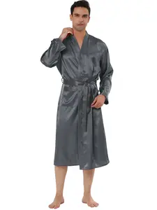 INSPIRE CHIC Men's Satin Robe Sleep Nightdress Long Sleeve Lounge Sleepwear Pajama Dress Bathrobe Gray