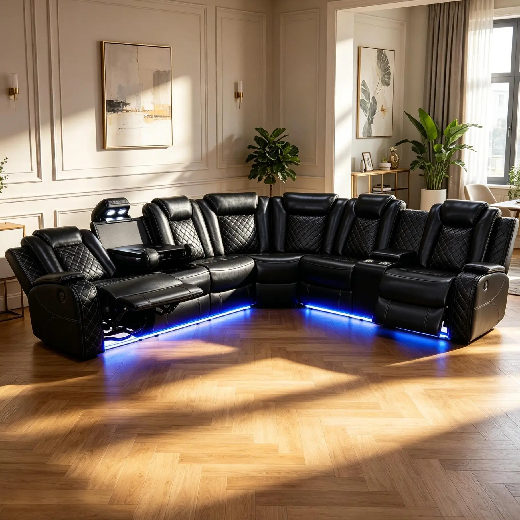 Black Leather Recliner Sofa 3-Piece Set, Contemporary Recliner Combination, Sleek Modern Silhouette, Low-Maintenance Design, Practical High-End Indoor Living Room Furniture, Recliner Sofa Sets