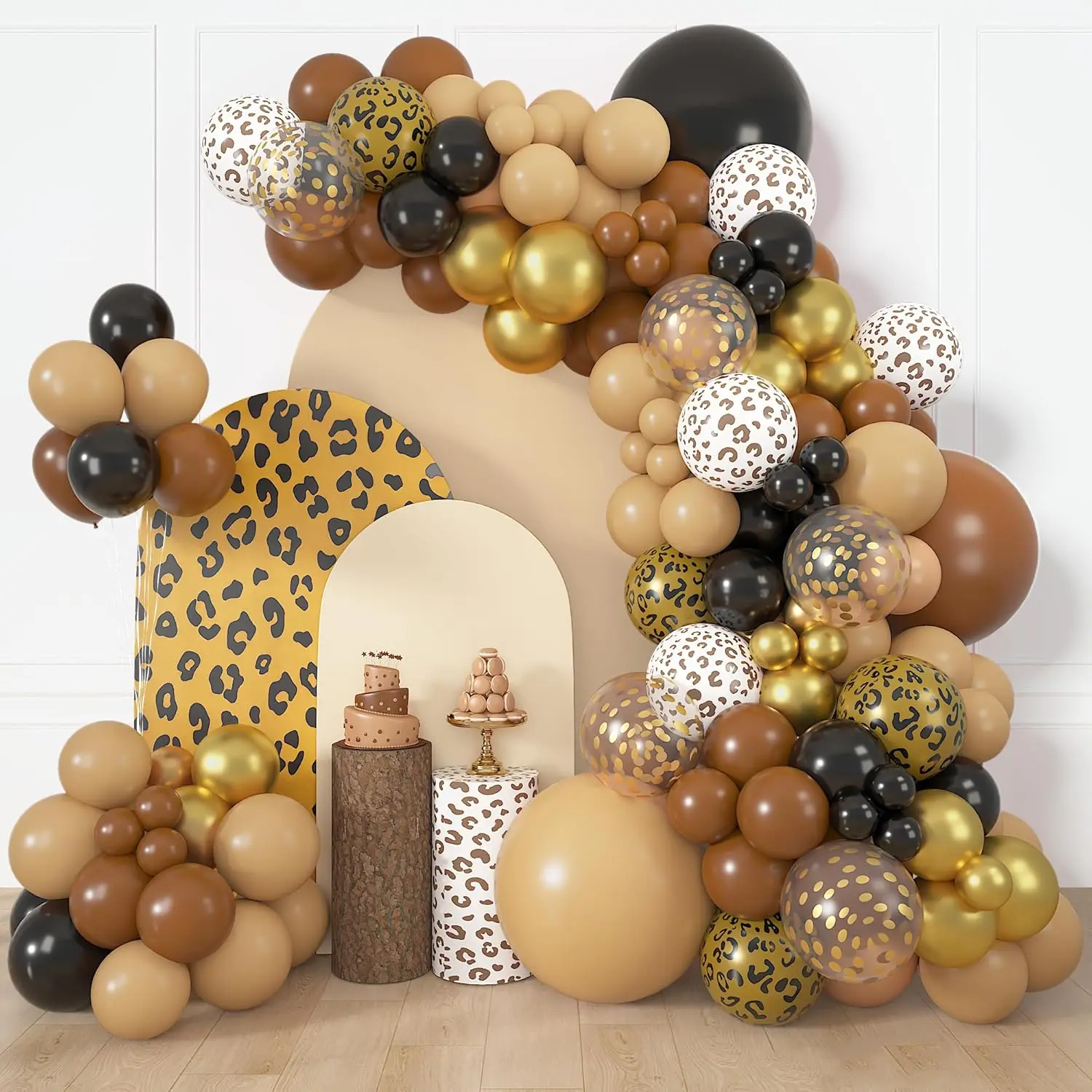 Amandir 153pcs Cheetah Balloons Arch Garland Kit, Different Sizes 18 12 10 5inch Black Dark Light Brown Gold Confetti Leopard Cheetah Print Balloons for Safari Jungle Wild Birthday Party Decorations