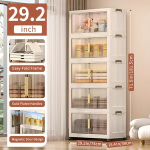 Naviconvex Foldable Storage Cabinet with Magnetic Doors and Wheels 5 Tier Stackable Storage Bins 750QT Total 80QT 120QT 150QT Per Tier for Kitchen Bedroom Organization*