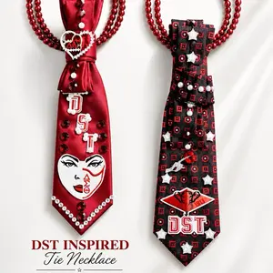 DST Inspired Tie Necklace | Handmade     Crimson Sorority Statement Necklace with Pearls & Rhinestones