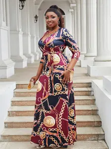 Plus Size Luxury Chain Print Deep V Neck Wrap Maxi Dress, 3/4 Sleeve Tie Waist Elegant Party Dress, Women's Fashion Evening Gown, Womenswear