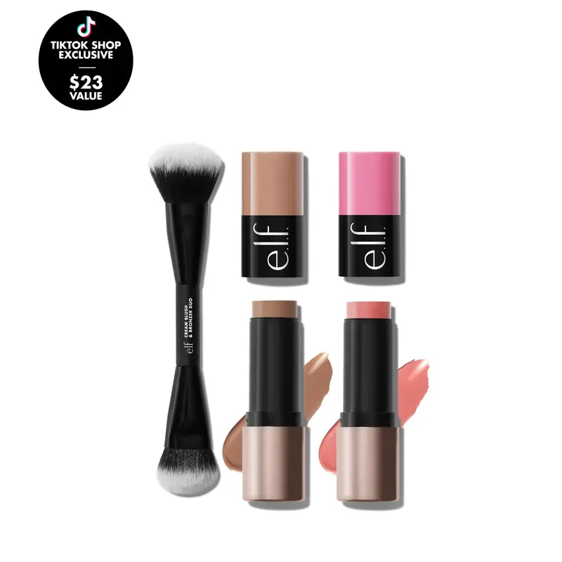 e.l.f. Soft Glam Cheek Duo & Duo Brush - Cream Bronzer & Blush Sticks, Blending Brush for Buildable, Effortless Glow