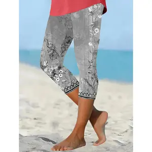 Women's Gray Floral Capri Leggings - Casual Stretch Polyester/Spandex, Knee-Length with Decorative Trim, Perfect for Spring/Summer/Fall Beach Outings