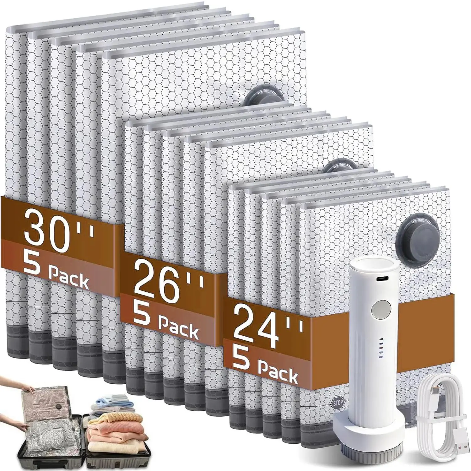 [2026 Upgraded] X7 Cordless Travel Vacuum Storage Compression Bag Set with Rechargeable air Pump 15 Pack Waterproof & Reusable Compression Packing Bags for 3 Size,140L/Min Powerful Air Removal,Perfect for Carry-On Suitcases
