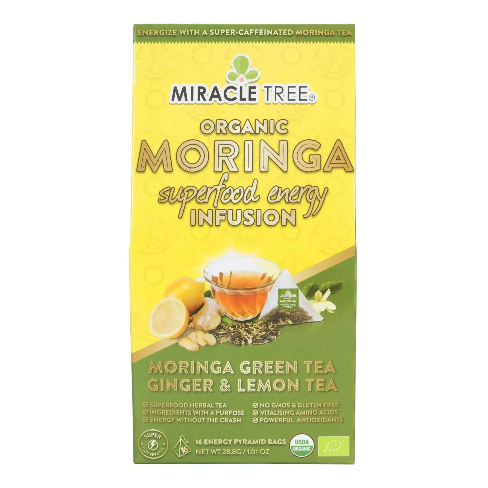 Miracle Tree Organic Moringa Energy Tea Ginger Lemon Natural Coffee Alternative 155mg Caffeine USDA Certified Vegan Gluten-Free - Herbal, Beverage
