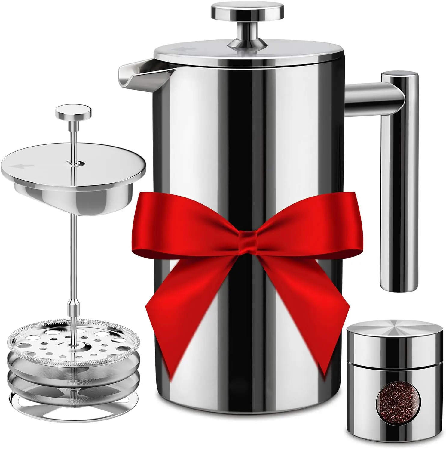 BOMPOW French Press Double Insulated 304 Stainless Steel Coffee Maker 4 Level Filtration System, No Coffee Grounds, Rust-Free, Dishwasher Safe