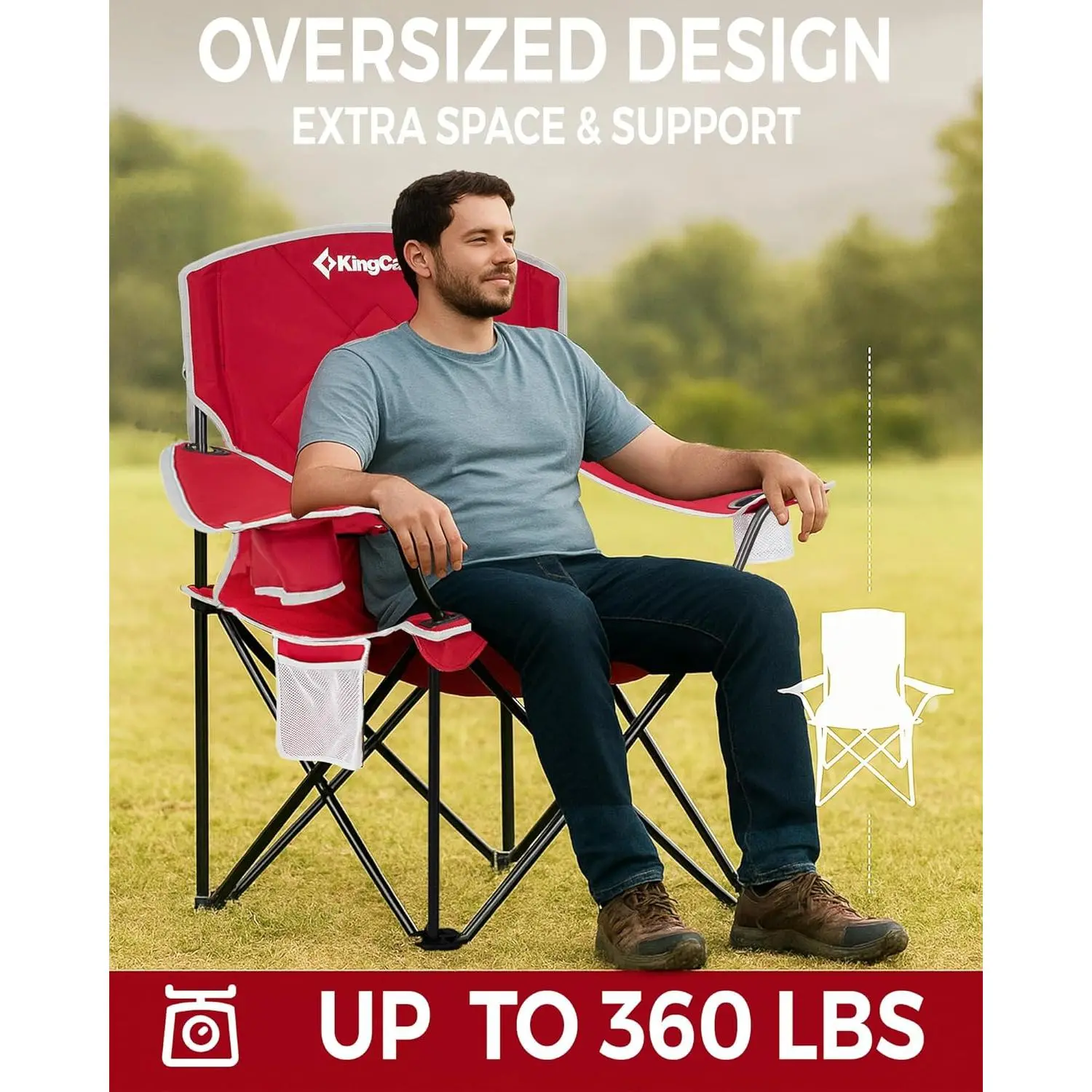 KingCamp Oversized Lightweight Foldable Camping Chair - Heavy-Duty Outdoor Chair with Padded Seat, Side Pocket, Cup Holder, 360 lbs Capacity, Portable for Beach, Tailgates - Red, Lightweight Foldable Chair