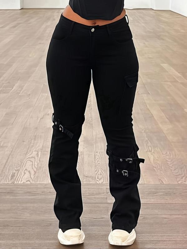 【Plus Size】 Solid Color Buckle Decor Stretchy Jeans, Casual Comfy Denim Pants for Daily Wear, Women's Bottoms for All Seasons