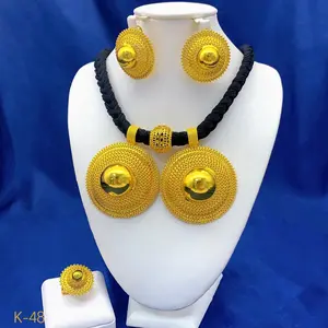 African Black Rope Necklace Earrings Jewelry Set For Women 24K Gold Plated Dubai Indian Nigeria Bridal Wedding Party Jewellery