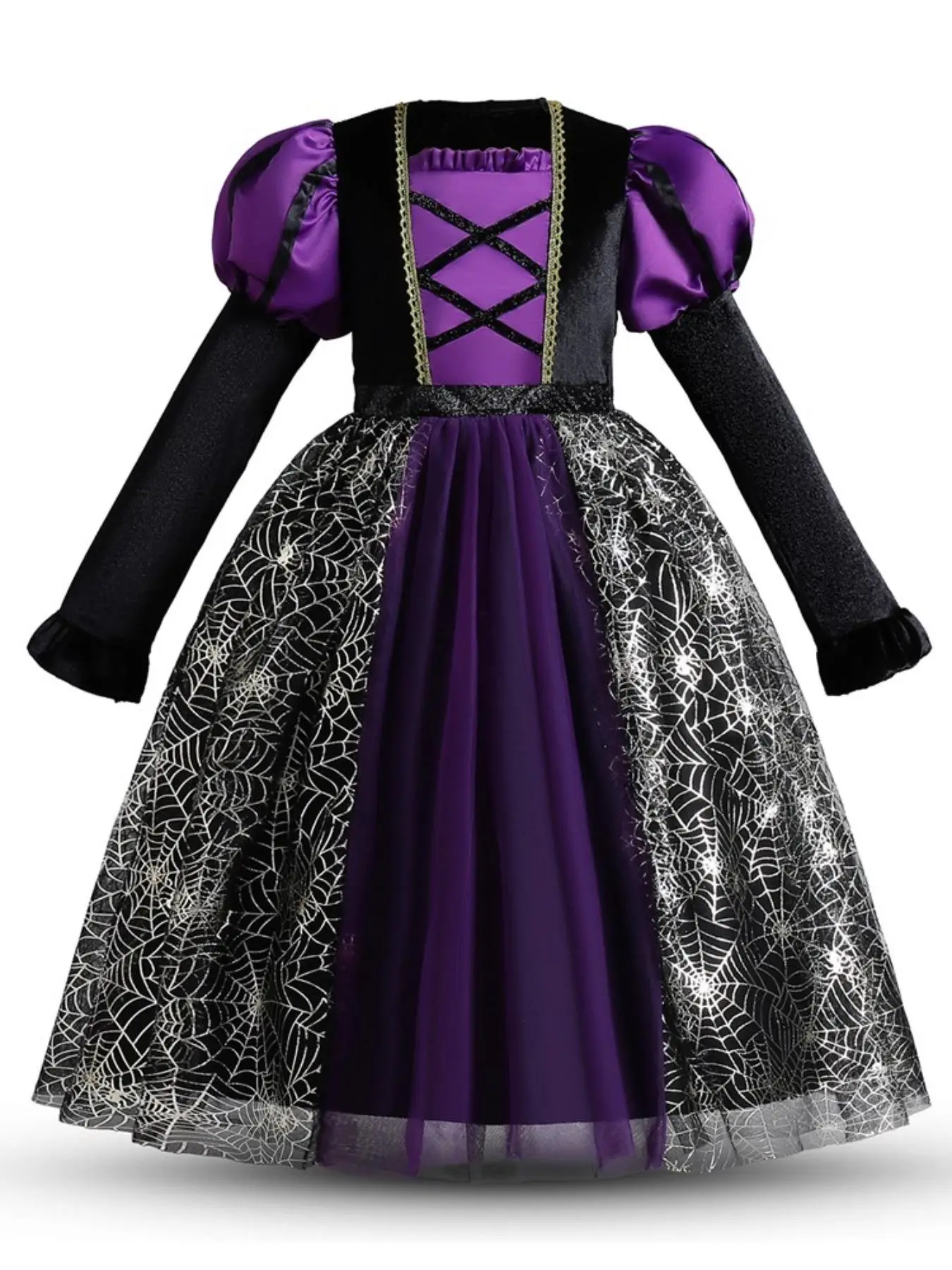 Girls' Colorblock Spider Web Print Contrast Mesh Witch Costume Dress, Gothic Frill Trim Square Neck Leg-of-mutton Long Sleeve Dress for Party Holiday