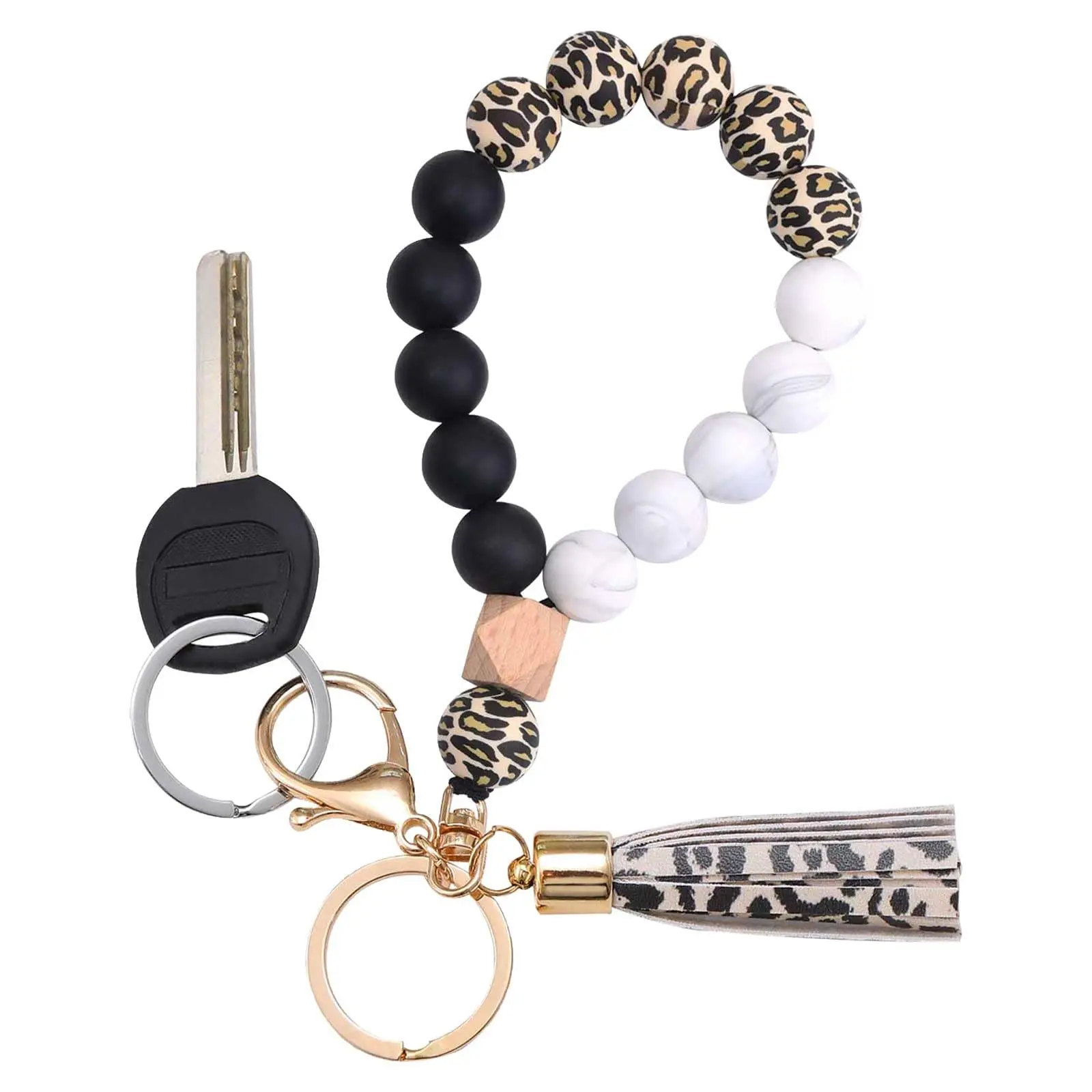 Women's Soft Silicone Key Ring Bracelet Wristlet - Unique Beaded Bangle Keychain with Leather Tassel, Soft Keychain