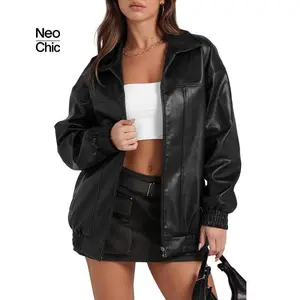 Classic Leather Jacket Women Faux Oversized Motorcycle Bomber Coats 2024 Fall Outfits Winter Clothes
