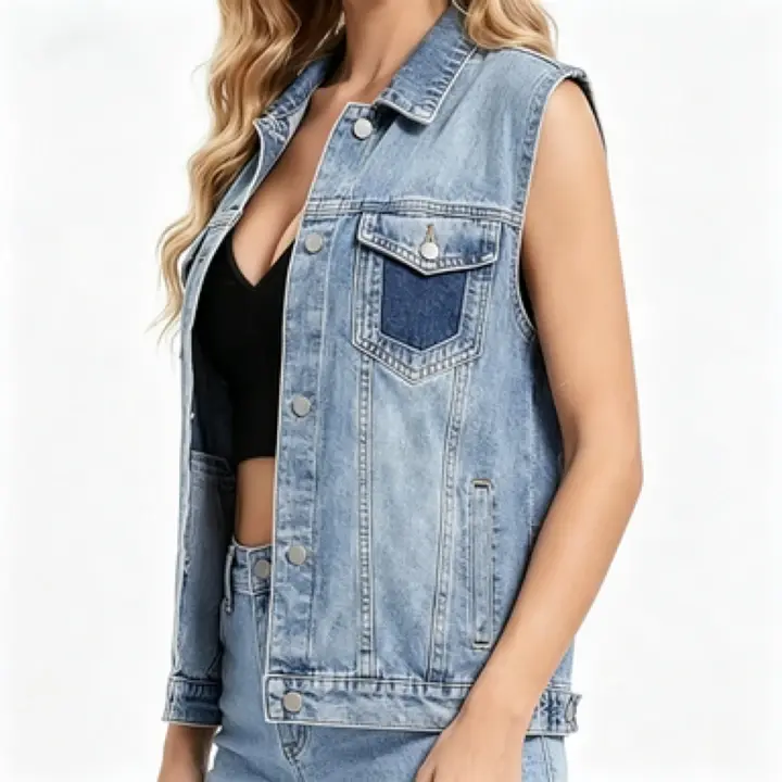 EMMIOL Y2K Sleeveless Denim Vest Women, Jean Vest Top Distressed Vintage, Waistcoat Jacket Oversized Contrast Panel 4 Pockets