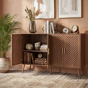 Wooden Storage Cabinet with 4 Doors, Modern Kitchen Buffet Sideboard Cabinet, Large Capacity Freestanding Organizer Cabinet, Multifunctional Home Storage Furniture for Living Room Dining Room Kitchen Hallway, Brown Contemporary Home Decor
