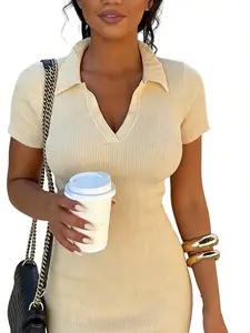 A women's solid-colored polo collar fitted midi dress that combines a figure-flattering silhouette with vibrant, eye-catching colors, suitable for fashionable casual occasions such as daily outings, coffee shop visits, afternoon tea with friends, or light