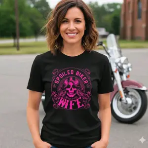 Spoiled biker wife shirt skull motorcycle riding wifey rider popular trendy cute black and pink short sleeve Tshirt